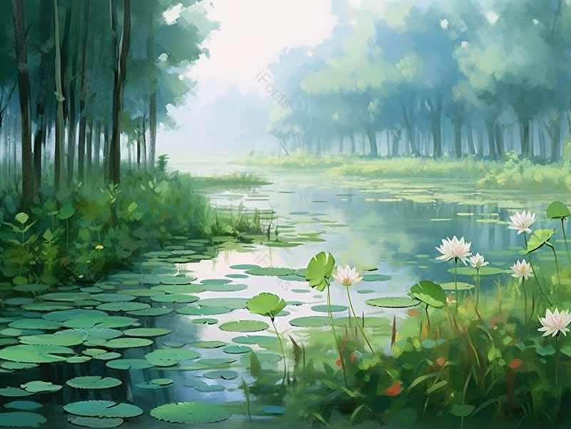 小暑大自然中的池塘边美丽的风景背景,插画/手绘图,插画/手绘图库,插画/手绘图下载,插画/手绘